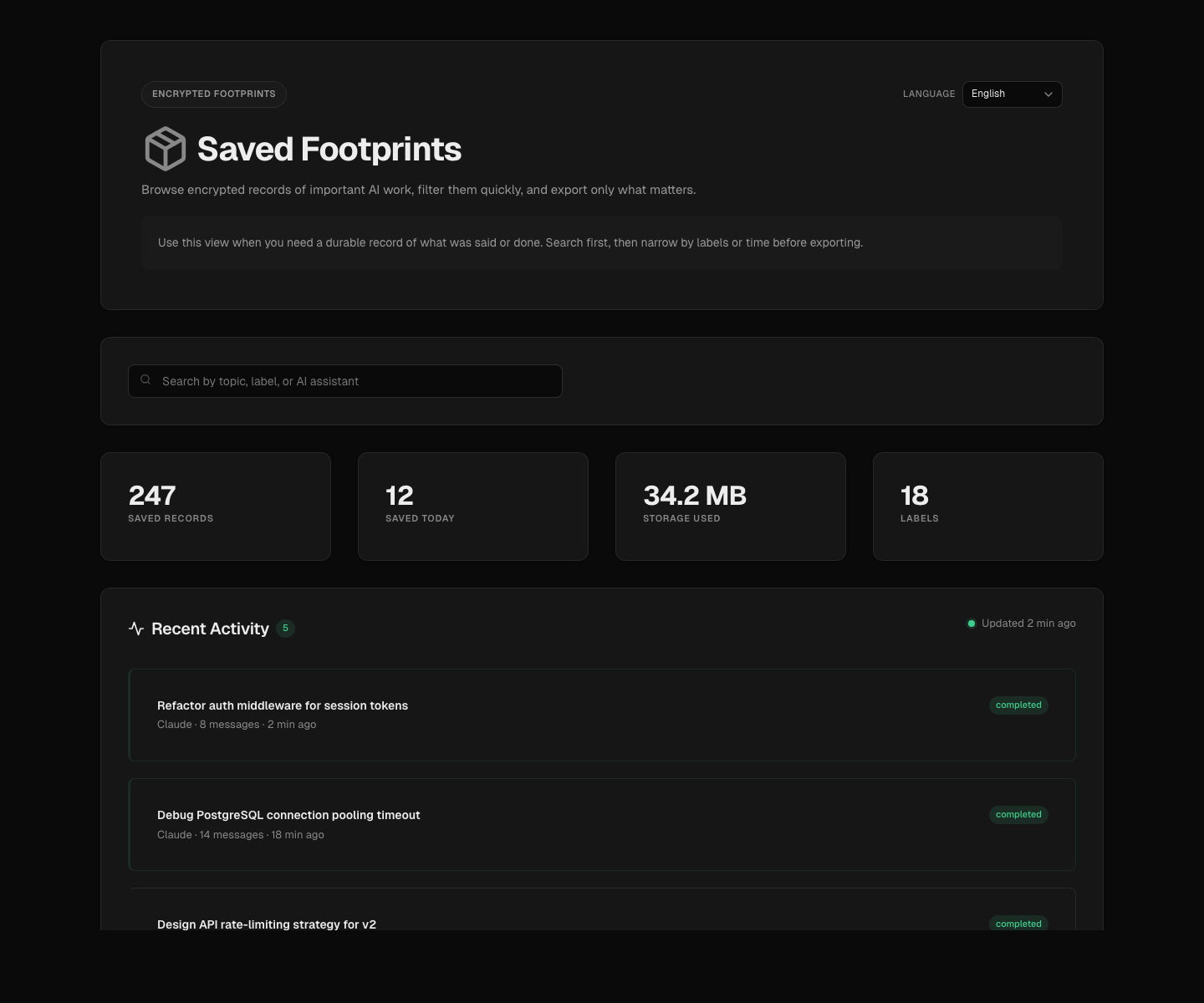 Footprint dashboard showing stats, activity feed, and timeline